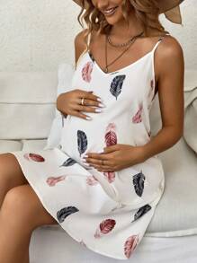 SHEIN Maternity Feather Print Cami Dress - White - View 6