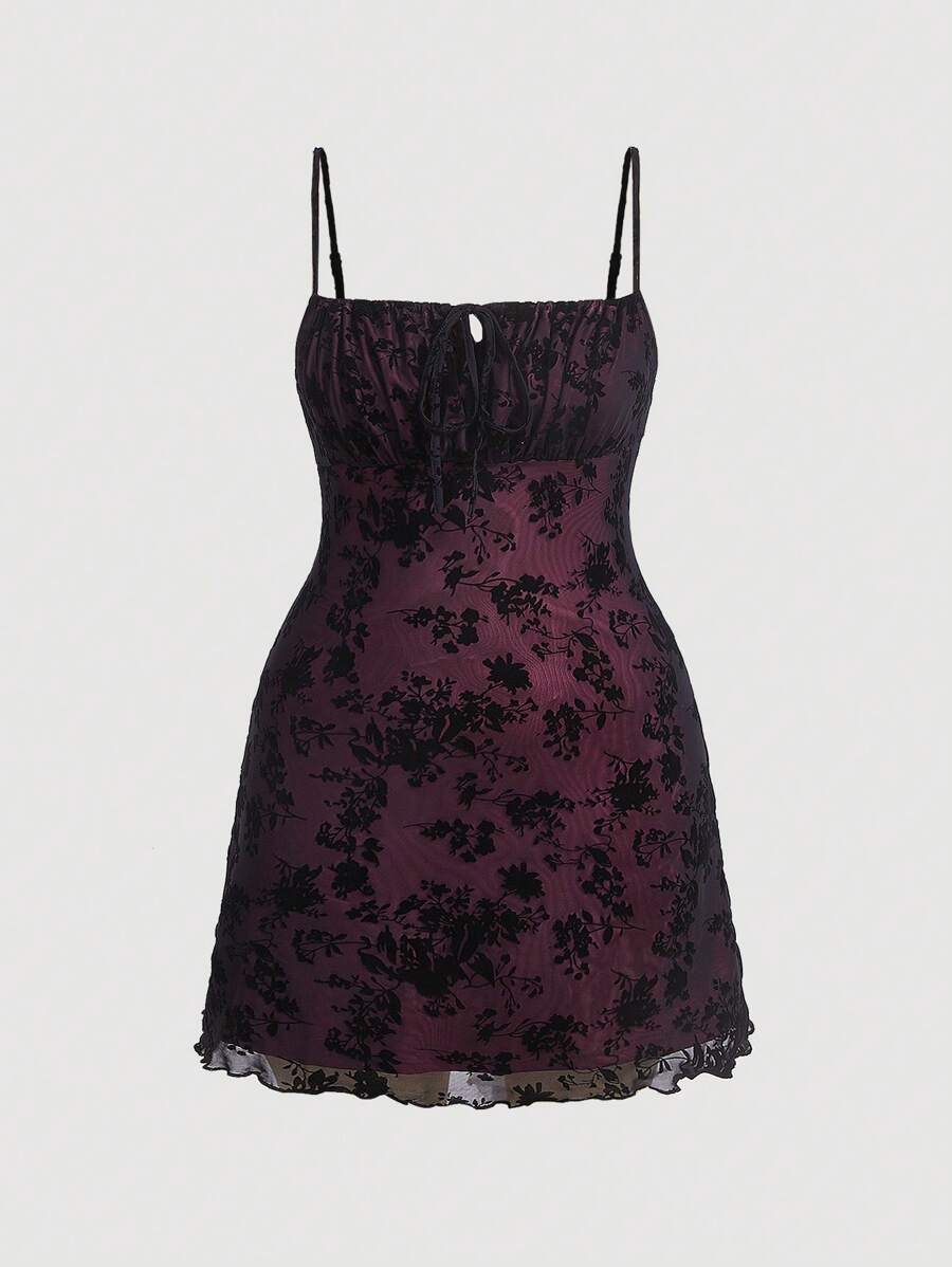 SHEIN MOD Hơn In hoa Tie Trước Váy Dây - Màu Tím - Xem 1