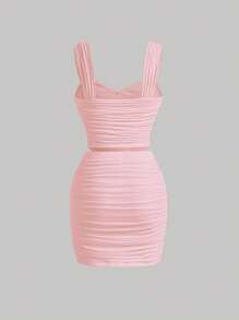 SHEIN x Marika Sila SHEIN MOD Solid Ruched Wide Strap Pink Top & Pink Bodycon Skirt - Pink - View 2