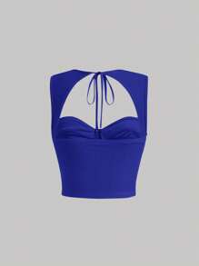 SHEIN MOD 後背繫帶褶邊緊身上衣短款背心 - 寶藍色 - 查看 2