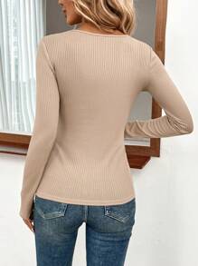 SHEIN Clasi Guipure Lace Trim Ribbed Knit Tee - Apricot - View 2