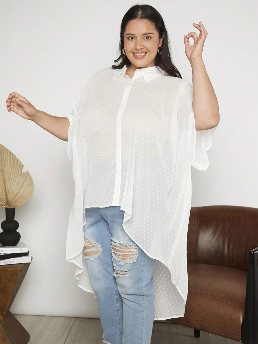 SHEIN CURVE+ 大碼圓點蝙蝠袖高低下擺襯衫 - 白色 - 查看 1