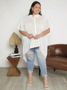 SHEIN CURVE+ 大碼圓點蝙蝠袖高低下擺襯衫 - 白色 - 查看 2