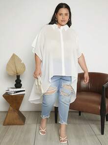 SHEIN CURVE+ 大碼圓點蝙蝠袖高低下擺襯衫 - 白色 - 查看 4