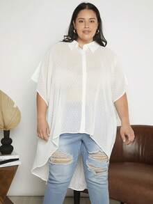 SHEIN CURVE+ 大碼圓點蝙蝠袖高低下擺襯衫 - 白色 - 查看 5