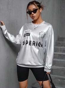 SHEIN Unity 字母圖案落肩袖運動衫 - 銀色 - 查看 1