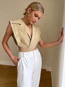 Sollinarry Notched Collar Wrap Tie Back Blouse - Khaki - View 1