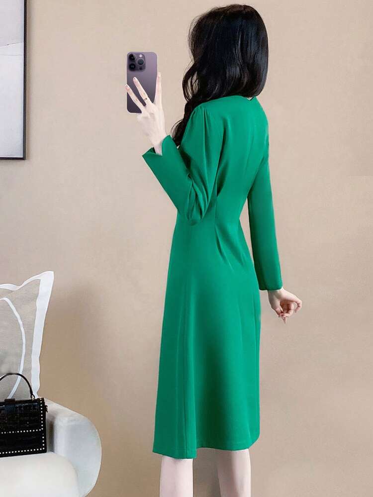 Robe Unicolore Col En V Manches Bouffantes Fendu Devant - Vert - Voir 2
