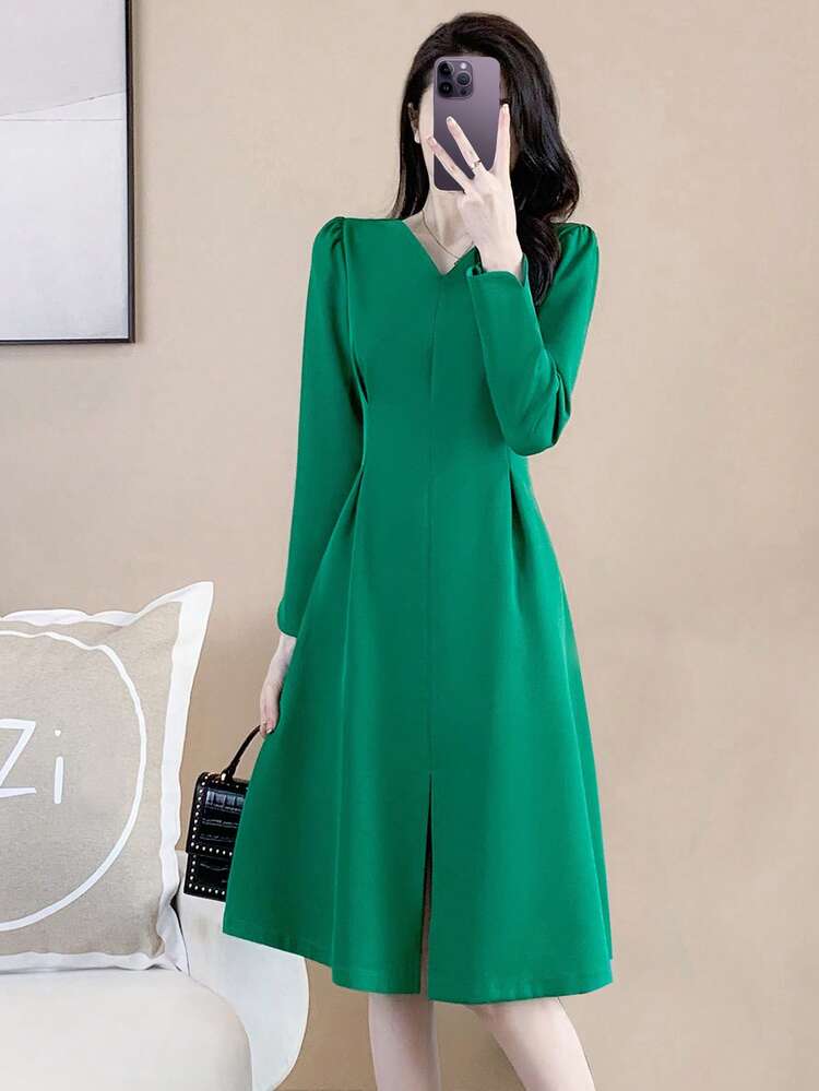 Robe Unicolore Col En V Manches Bouffantes Fendu Devant - Vert - Voir 3