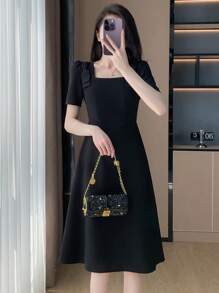 Đầm Thắt nút màu trơn Thanh lịch - màu đen - Xem 1