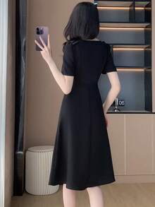 Đầm Thắt nút màu trơn Thanh lịch - màu đen - Xem 2
