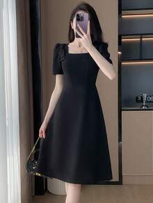 Đầm Thắt nút màu trơn Thanh lịch - màu đen - Xem 3