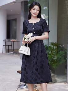 花卉圖案提花前紐扣拼接細節洋裝 - 黑色 - 查看 3