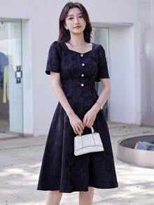 花卉圖案提花前紐扣拼接細節洋裝 - 黑色 - 查看 4