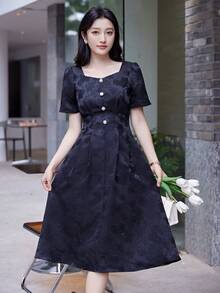 花卉圖案提花前紐扣拼接細節洋裝 - 黑色 - 查看 5