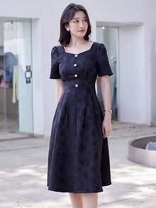 花卉圖案提花前紐扣拼接細節洋裝 - 黑色 - 查看 6