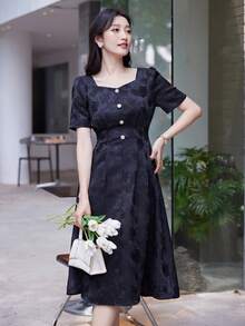 花卉圖案提花前紐扣拼接細節洋裝 - 黑色 - 查看 7