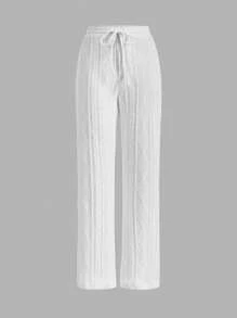 SHEIN EZwear Drawstring Waist Cable Knit Straight Leg Trousers - White - View 1