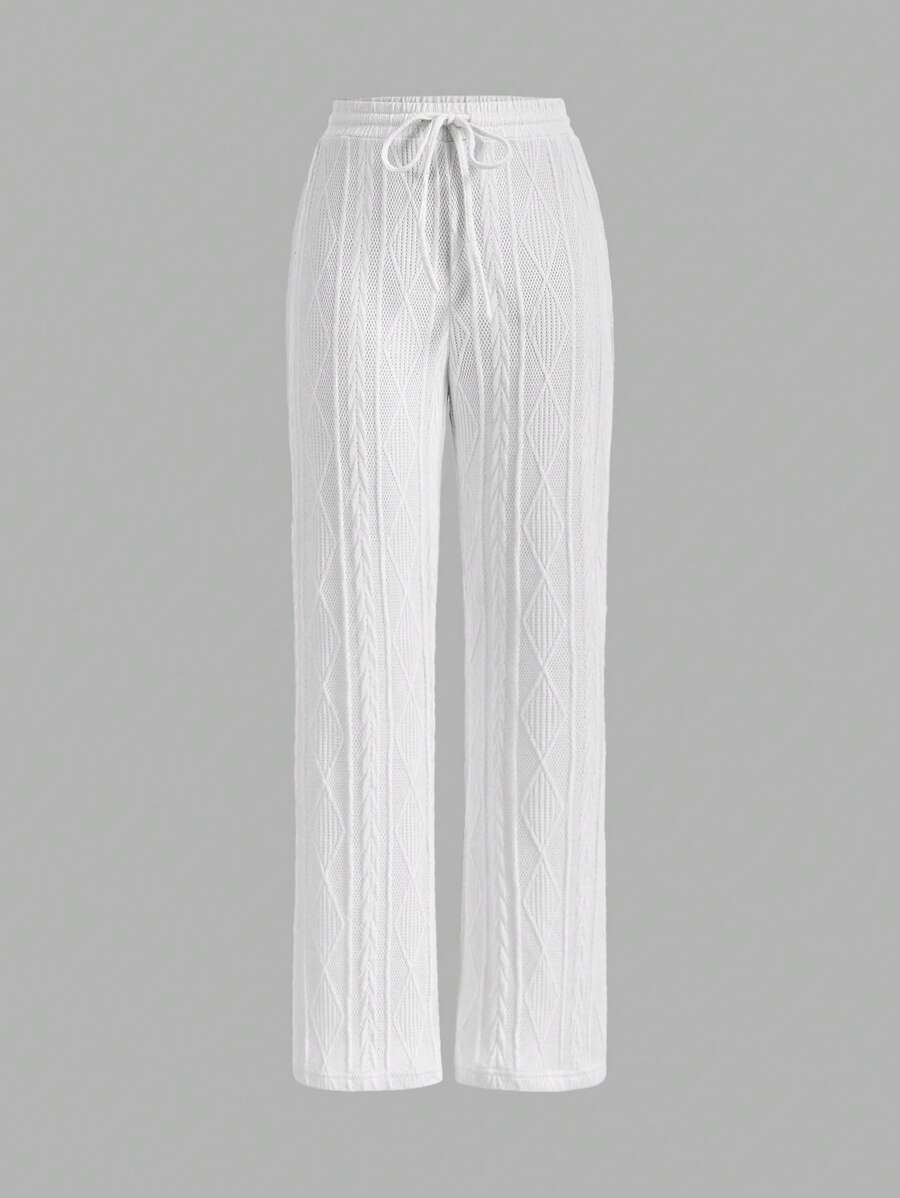 SHEIN EZwear Drawstring Waist Cable Knit Straight Leg Trousers - White - View 1