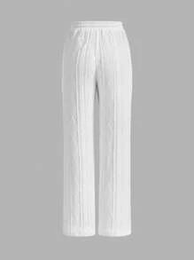 SHEIN EZwear Drawstring Waist Cable Knit Straight Leg Trousers - White - View 2