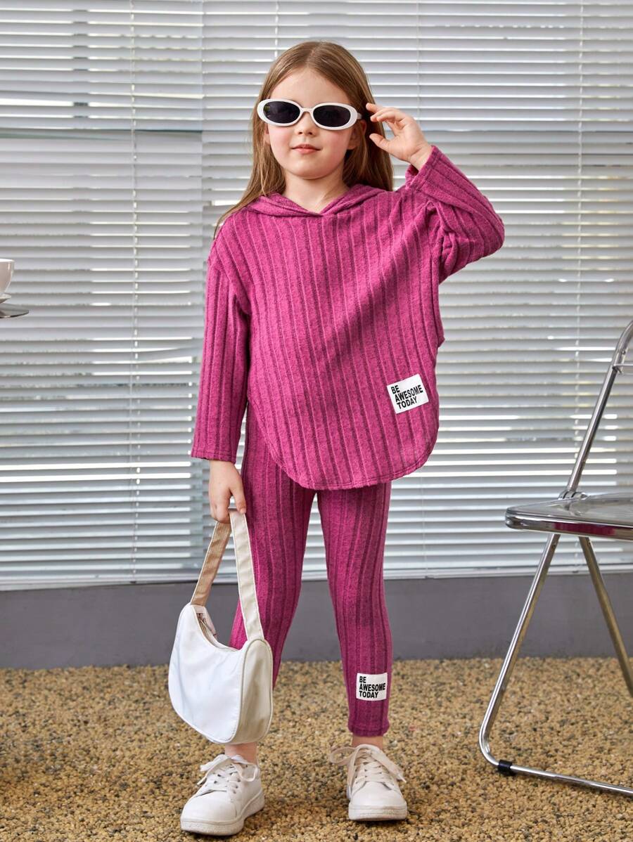 SHEIN Leap Crew Young Girl Slogan Patched Detail Hooded Tee & Leggings - Hot Pink - View 1