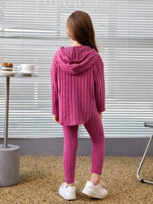 SHEIN Leap Crew Young Girl Slogan Patched Detail Hooded Tee & Leggings - Hot Pink - View 2