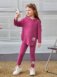SHEIN Leap Crew Young Girl Slogan Patched Detail Hooded Tee & Leggings - Hot Pink - View 3