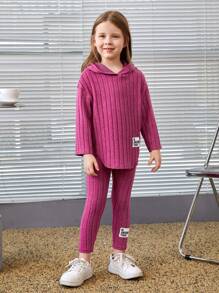 SHEIN Leap Crew Young Girl Slogan Patched Detail Hooded Tee & Leggings - Hot Pink - View 4