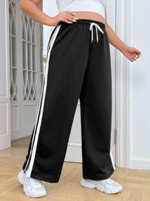 SHEIN EZwear 大碼拼接側邊接縫腰部抽繩衛褲 - 黑與白 - 查看 1