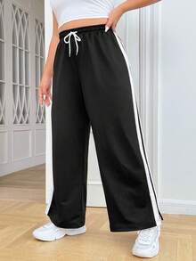 SHEIN EZwear 大碼拼接側邊接縫腰部抽繩衛褲 - 黑與白 - 查看 4