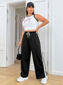 SHEIN EZwear 大碼拼接側邊接縫腰部抽繩衛褲 - 黑與白 - 查看 5