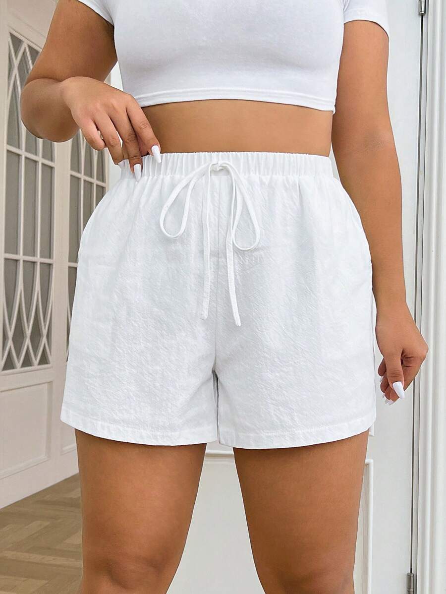SHEIN EZwear 大码纯色休闲抽绳短裤 - 白色 - 查看 1