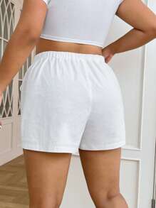 SHEIN EZwear 大码纯色休闲抽绳短裤 - 白色 - 查看 2