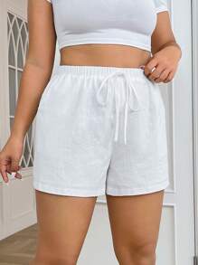 SHEIN EZwear 大码纯色休闲抽绳短裤 - 白色 - 查看 3