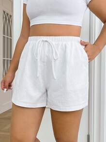 SHEIN EZwear 大码纯色休闲抽绳短裤 - 白色 - 查看 4
