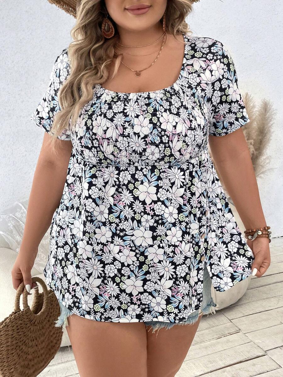 EMERY ROSE Plus Floral Print Split Hem Tee - Multicolor - View 1