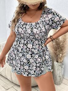 EMERY ROSE Plus Floral Print Split Hem Tee - Multicolor - View 6