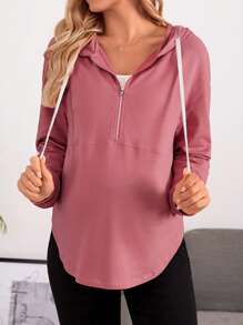 SHEIN 孕妇半拉链落肩抽绳长袖连帽衫，适合冬季