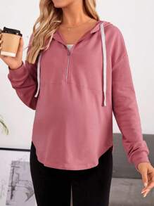 SHEIN 孕妇半拉链落肩抽绳长袖连帽衫，适合冬季