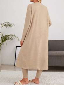 SHEIN Maternity Solid Tank Top & Leggings Set With Coat - Khaki - View 2