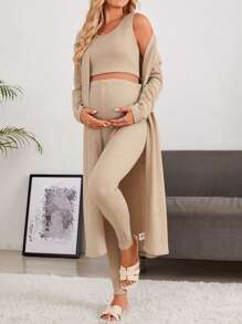 SHEIN Maternity Solid Tank Top & Leggings Set With Coat - Khaki - View 5