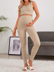 SHEIN Maternity Solid Tank Top & Leggings Set With Coat - Khaki - View 4