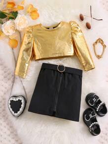 Baby Girl Puff Sleeve Tee & Zip Up Skirt - Multicolor - View 1