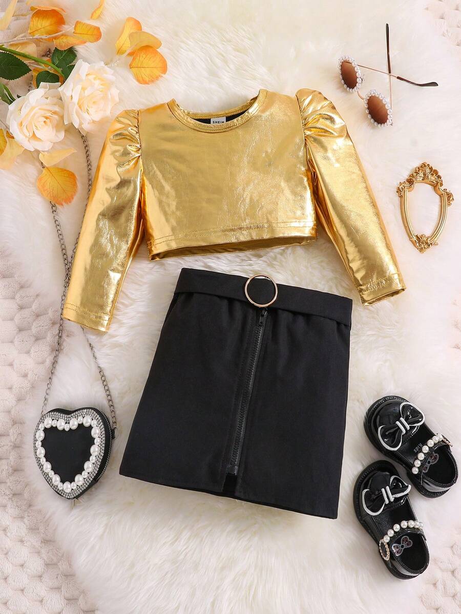 Baby Girl Puff Sleeve Tee & Zip Up Skirt - Multicolor - View 1