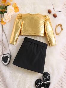 Baby Girl Puff Sleeve Tee & Zip Up Skirt - Multicolor - View 2