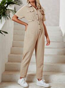SHEIN Maternity Flap Pocket Button Front Shirt Jumpsuit - Khaki - View 1
