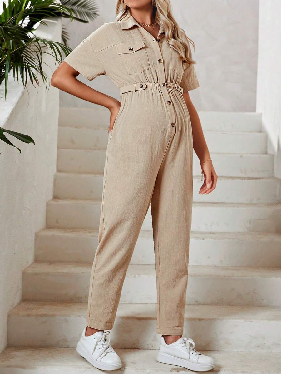SHEIN Maternity Flap Pocket Button Front Shirt Jumpsuit - Khaki - View 1