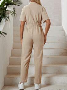 SHEIN Maternity Flap Pocket Button Front Shirt Jumpsuit - Khaki - View 2