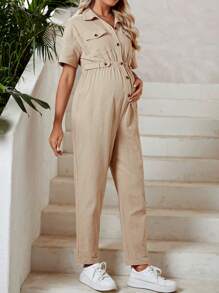 SHEIN Maternity Flap Pocket Button Front Shirt Jumpsuit - Khaki - View 5