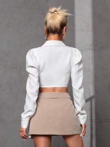SHEIN Unity Lapel Neck Puff Sleeve Crop Blouse - White - View 2